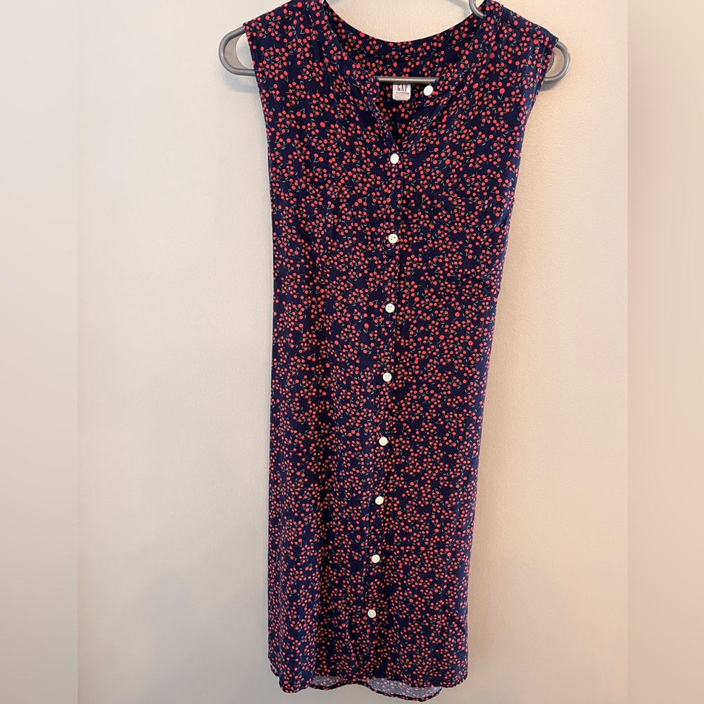 GAP Navy Blue and Red Cherry Patterned Sleeveless Button Down Dress With Belt